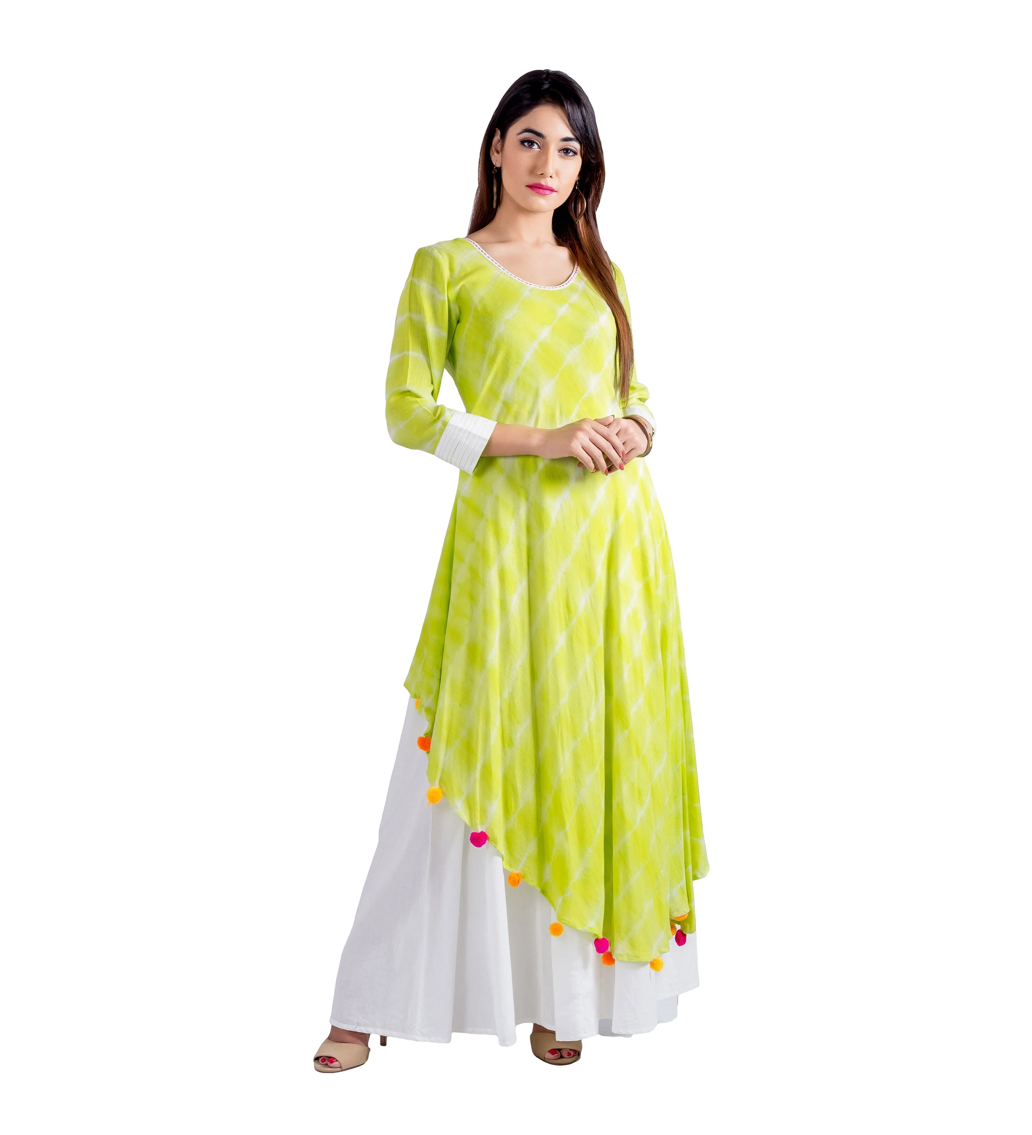 Asymmetrical Lime Tie And Dye Indo Western Dress