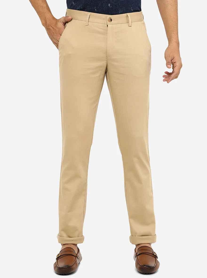 Beige Solid Super Slim Fit Casual Trouser | Greenfibre