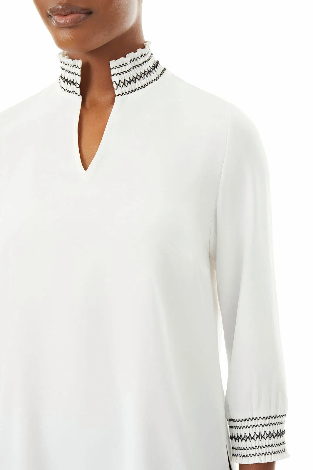 Embroidered Smock Collar Crepe de Chine Blouse, White/Black