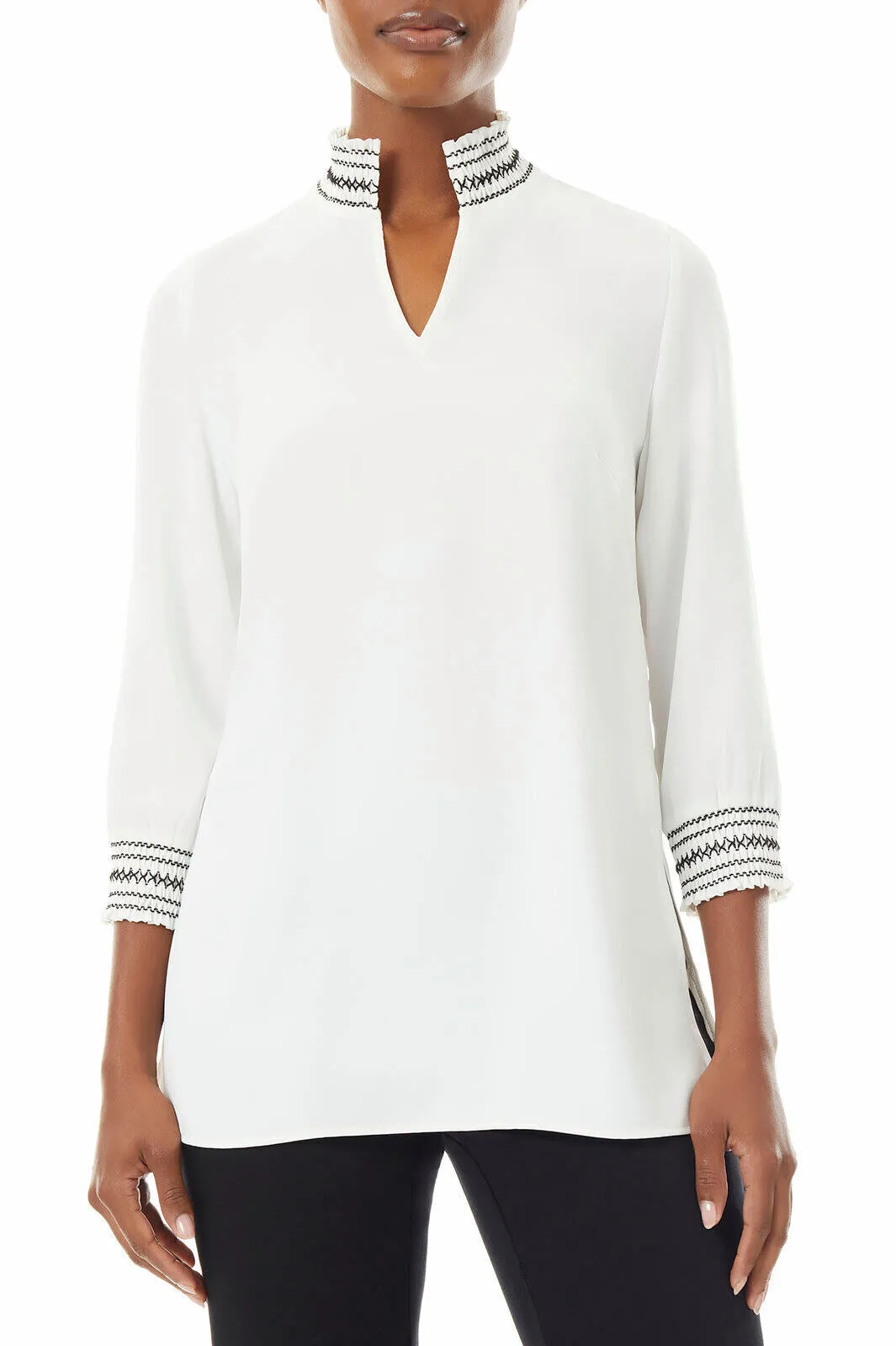 Embroidered Smock Collar Crepe de Chine Blouse, White/Black