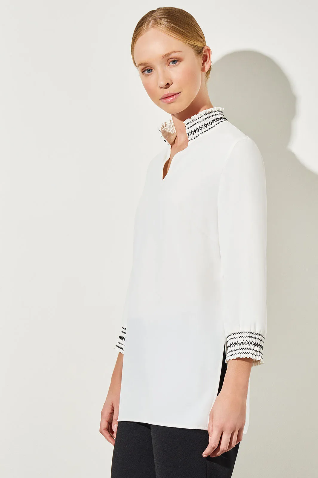 Embroidered Smock Collar Crepe de Chine Blouse, White/Black