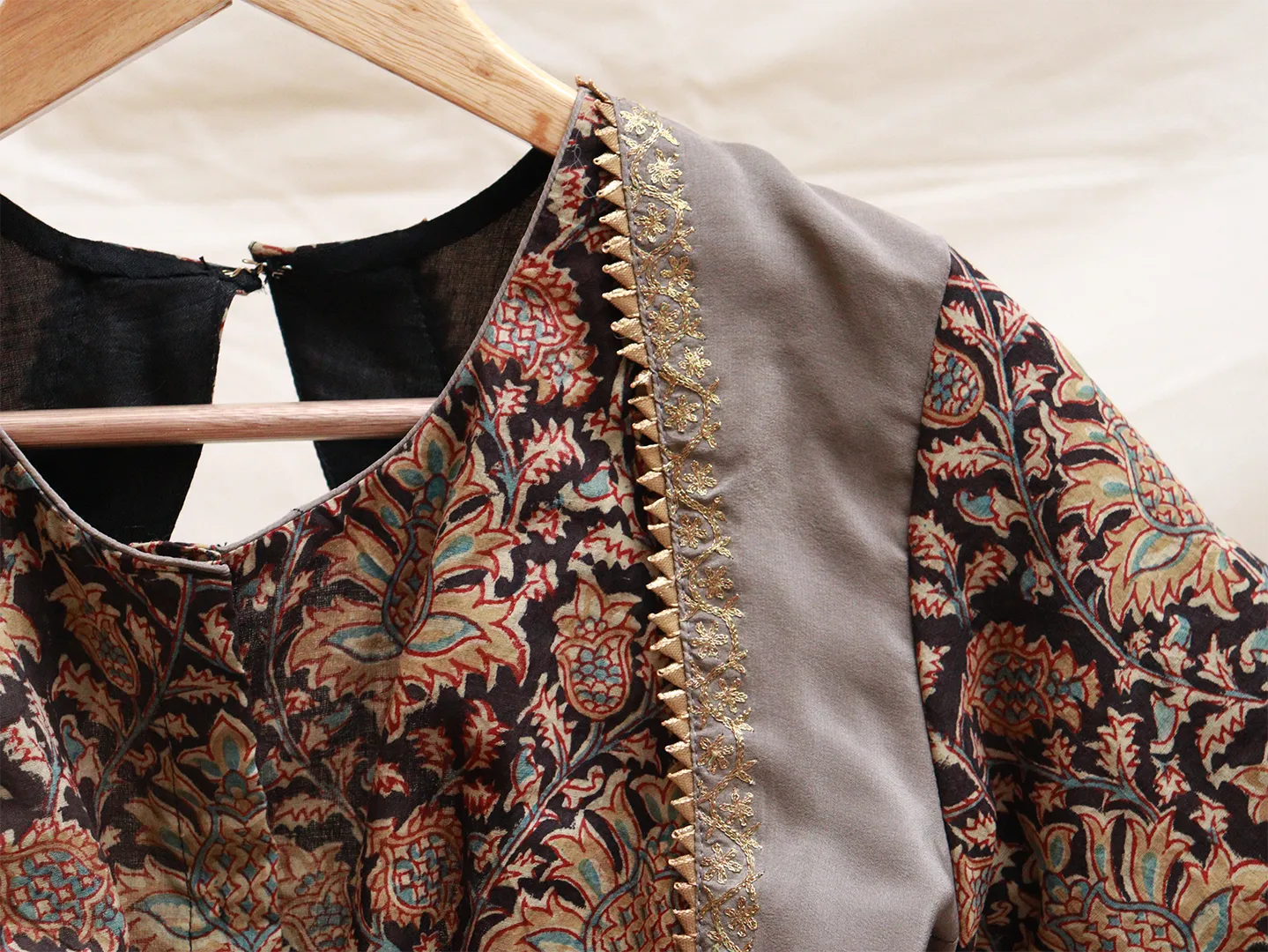 Fossil Grey crepe silk, Kalamkari blouse