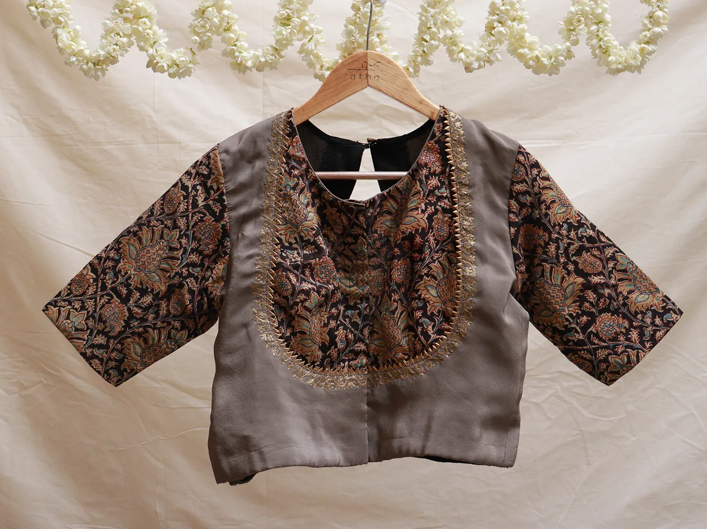 Fossil Grey crepe silk, Kalamkari blouse