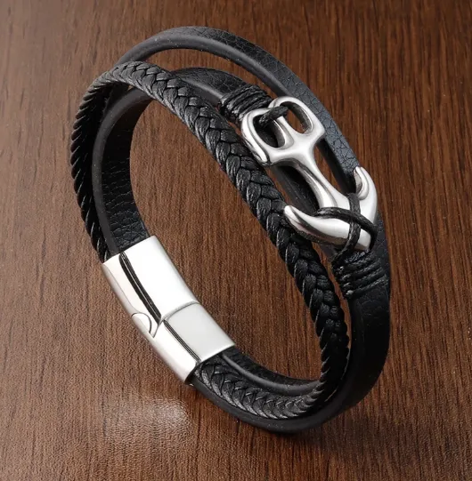 Fresh Accessories - Unisex Black Leather Bracelet  Anchor