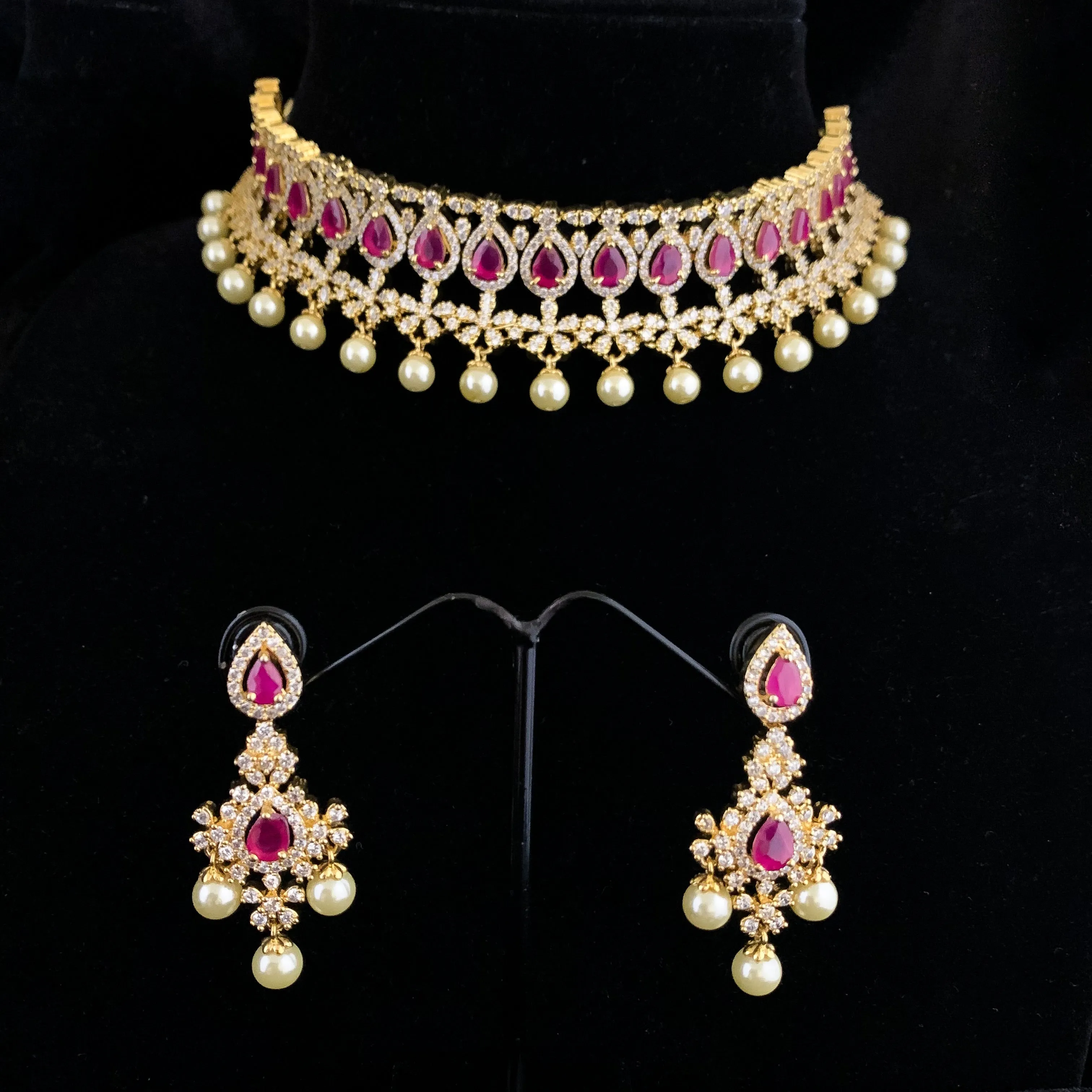 Glamarous Bridal Choker Necklace Set in Ruby Red and White Zircon (CZ) stones