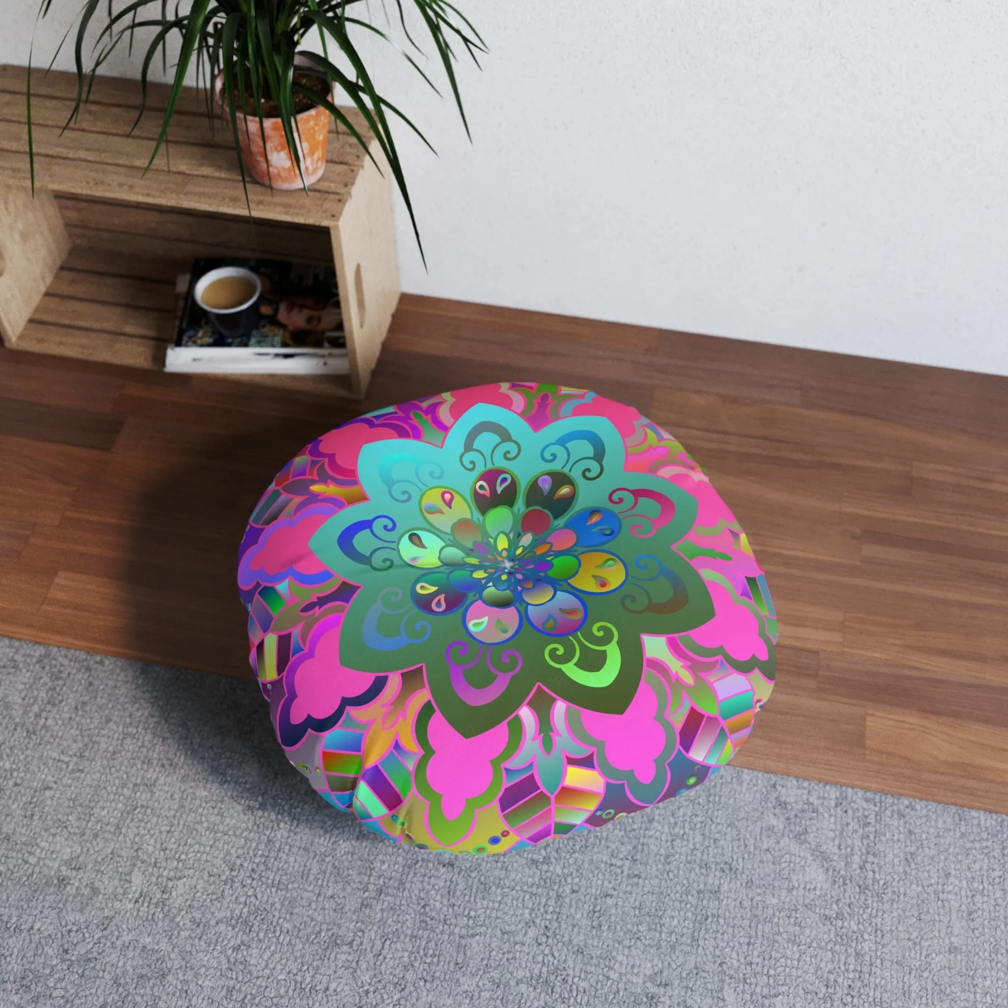 Hand Drawn Mandala Art Tufted Round Floor Pillow