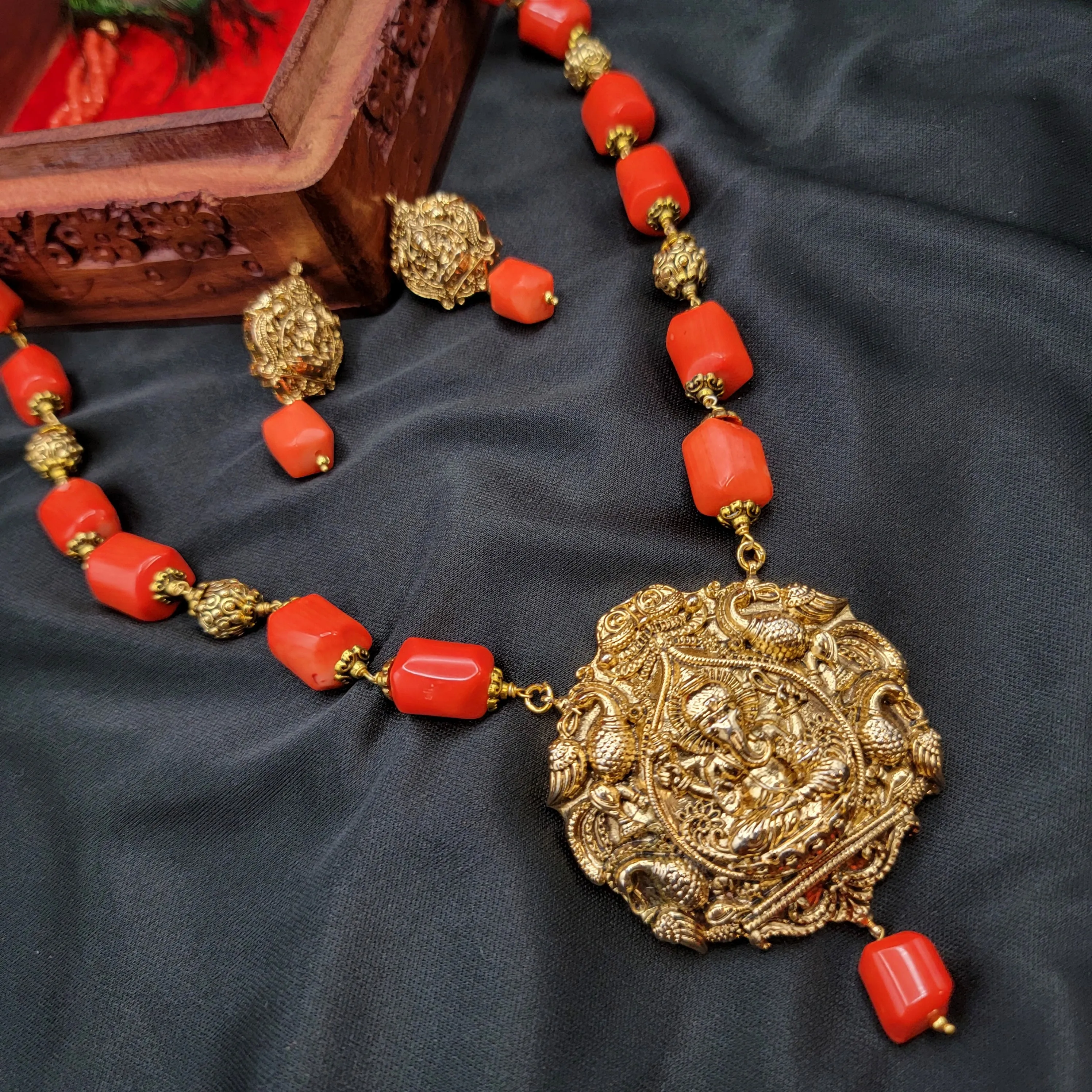 Handmade Ganesha Antique Gold Coral Long Mala Necklace Set