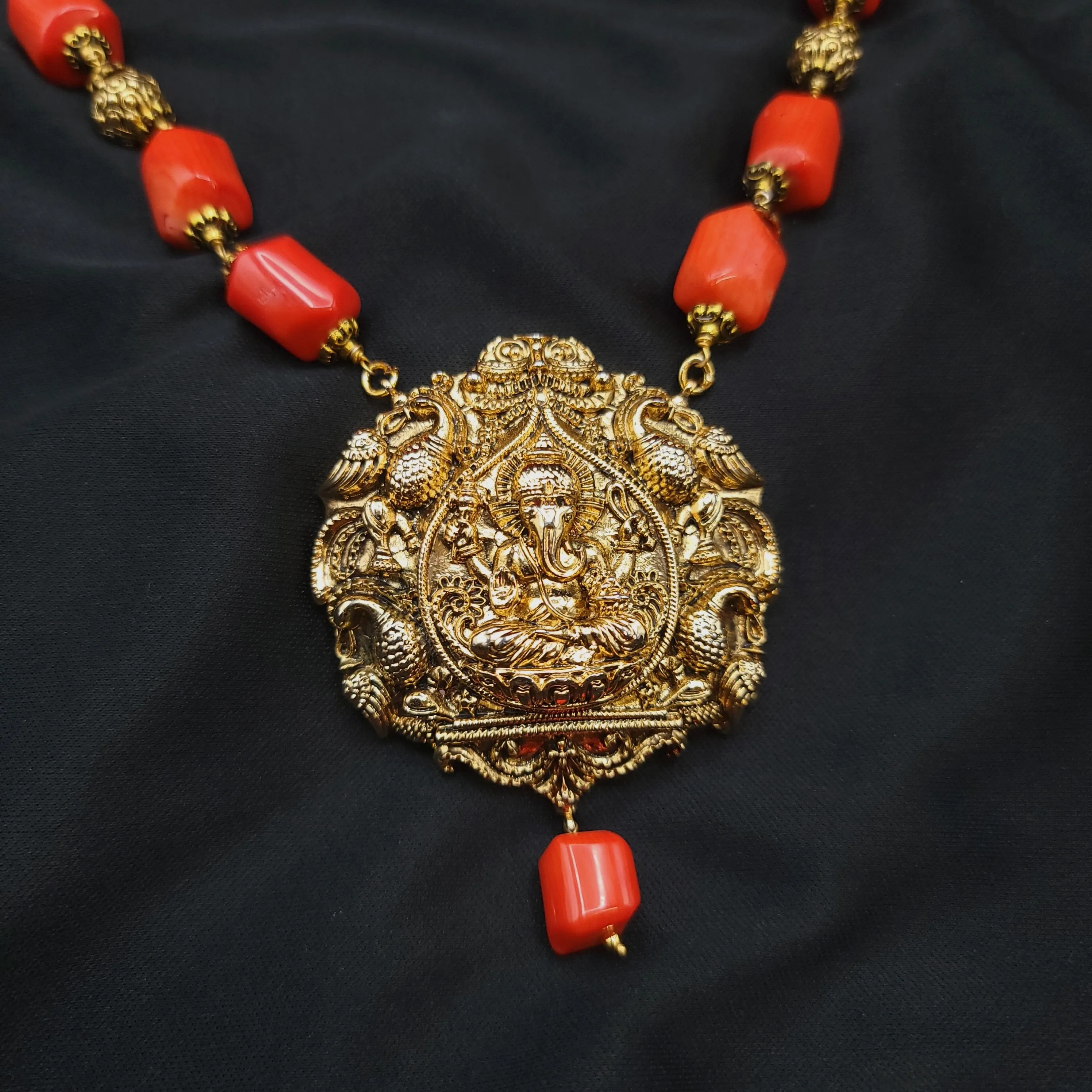 Handmade Ganesha Antique Gold Coral Long Mala Necklace Set