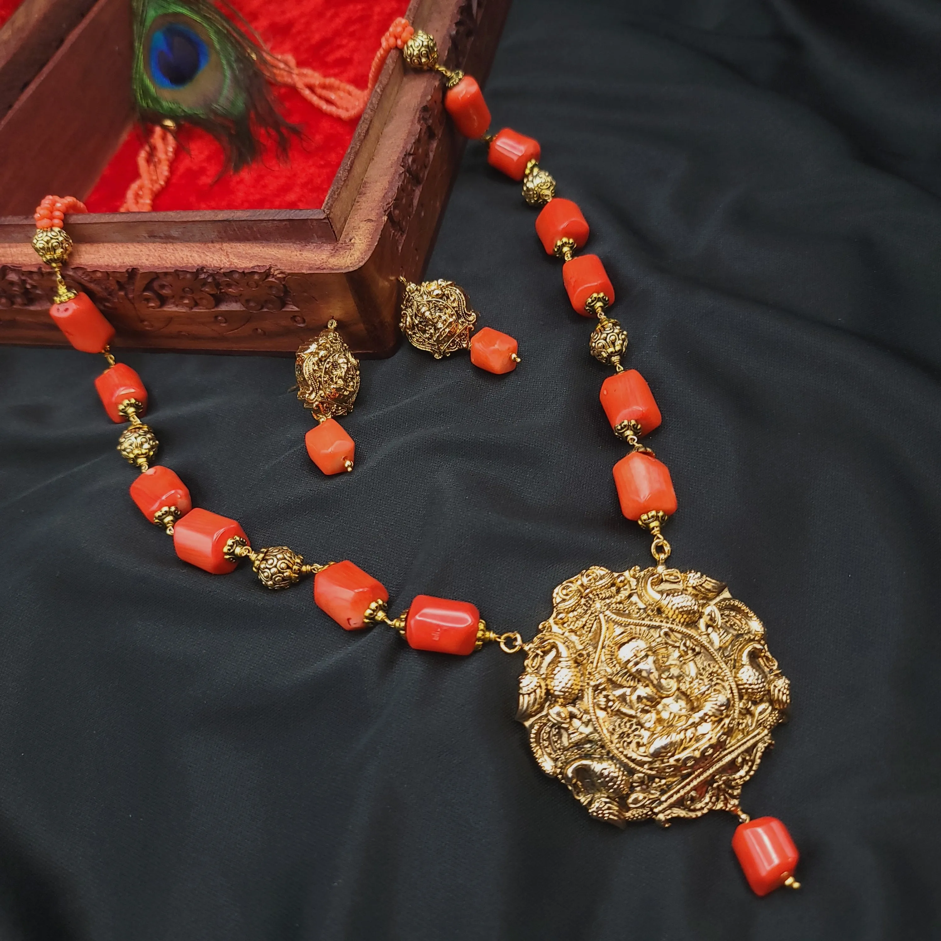 Handmade Ganesha Antique Gold Coral Long Mala Necklace Set