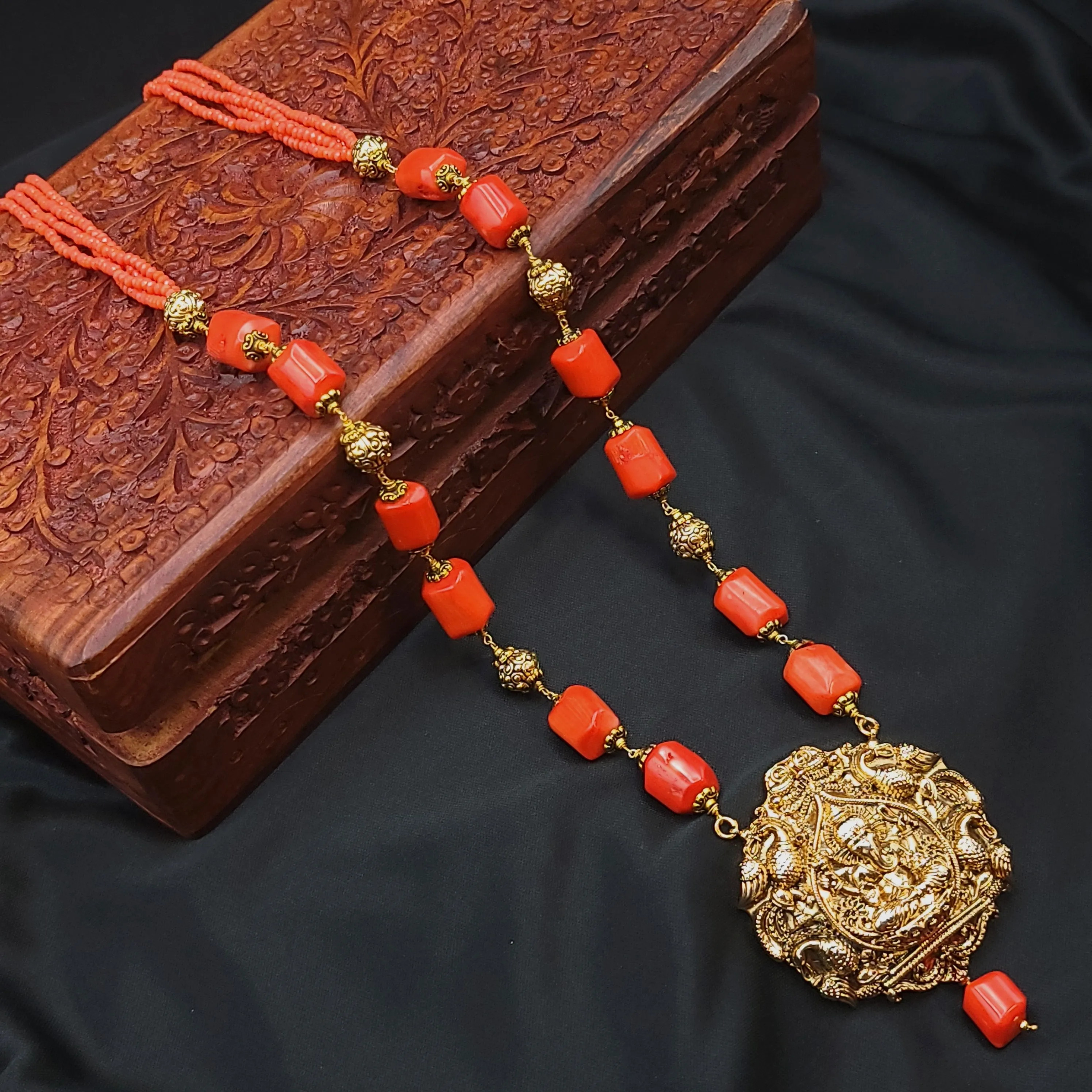 Handmade Ganesha Antique Gold Coral Long Mala Necklace Set