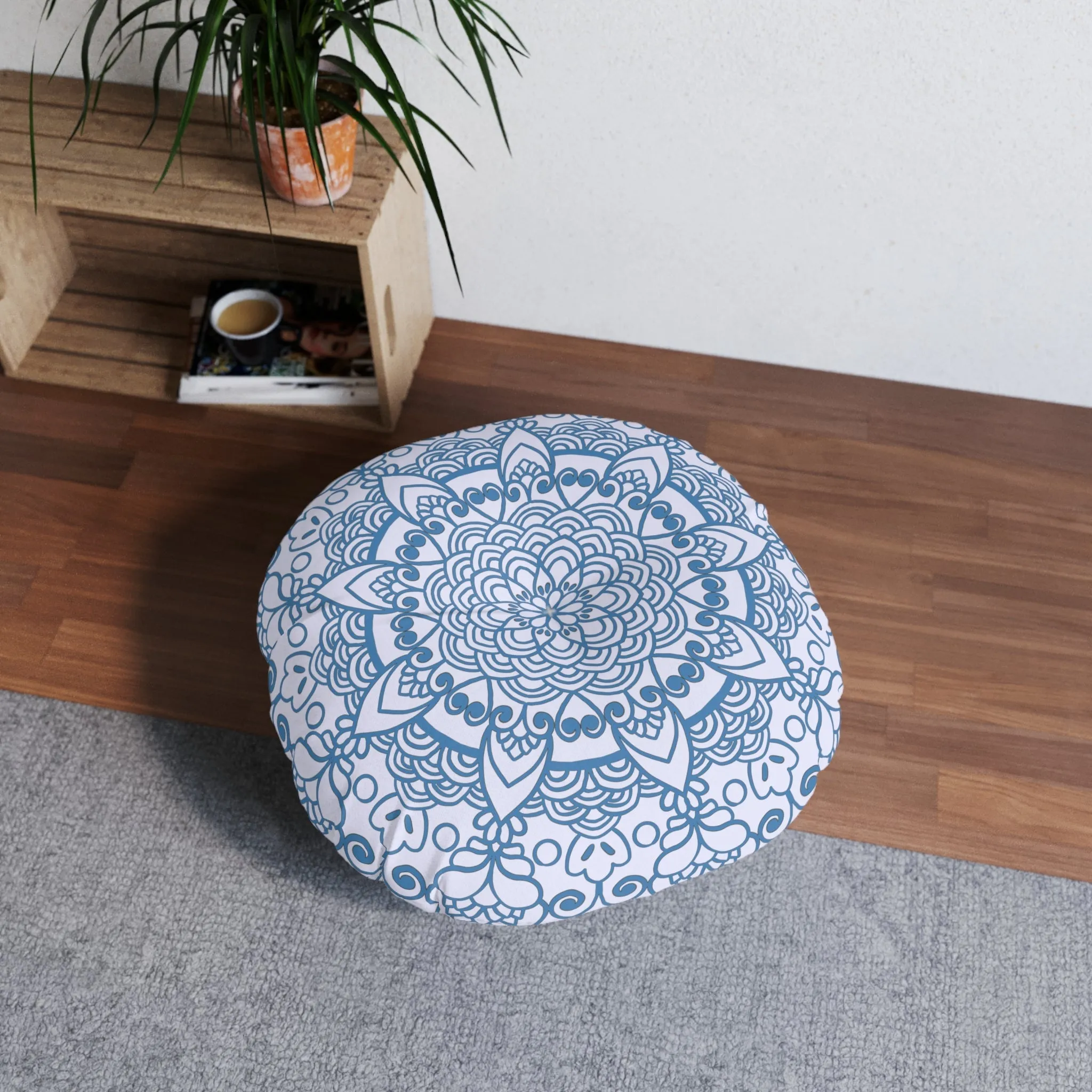 Handmade Mandala Art Floor Cushion - Steel Blue on Lavender