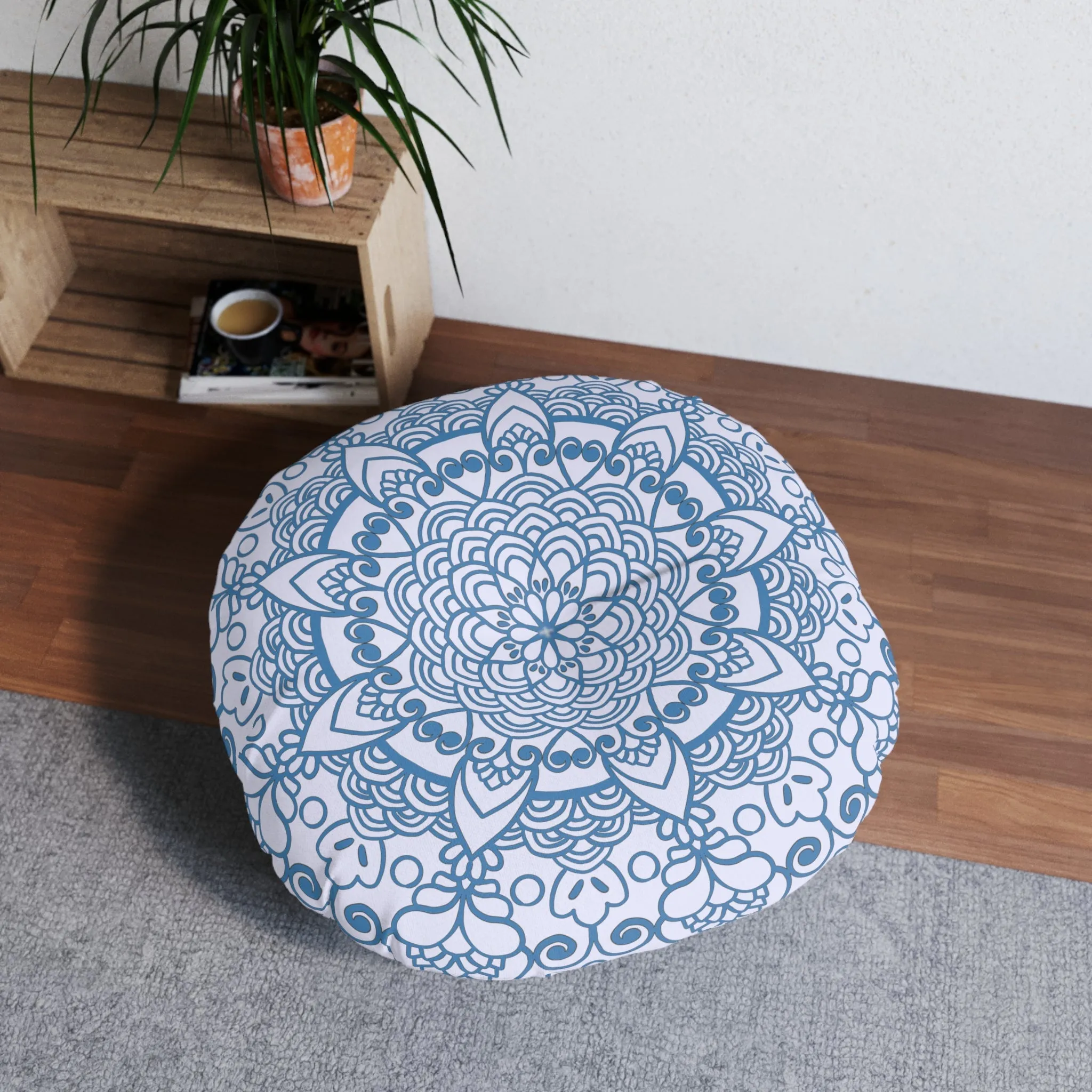 Handmade Mandala Art Floor Cushion - Steel Blue on Lavender