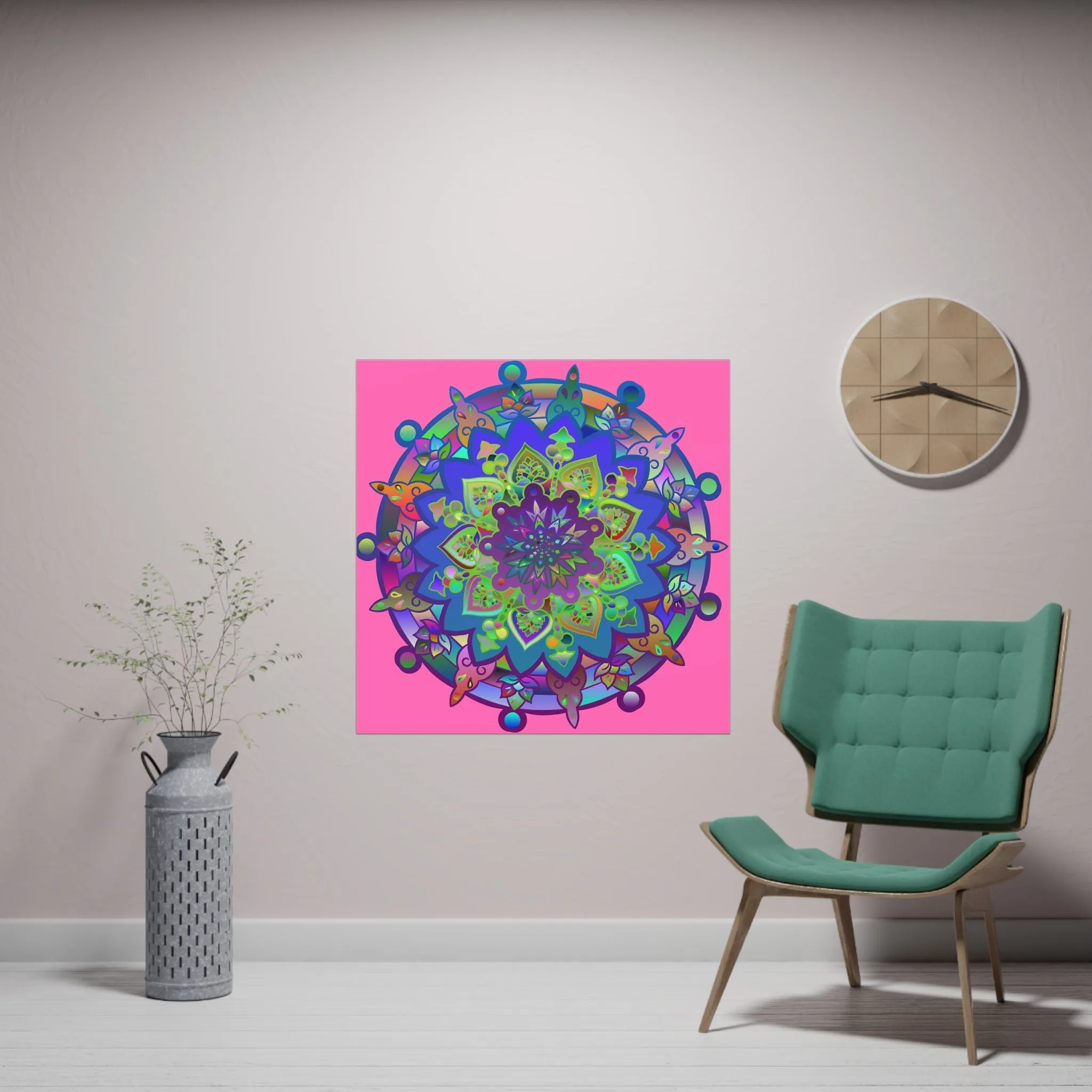 Handmade Mandala Art Poster - Square Matte Design Featuring Bright Pink Art