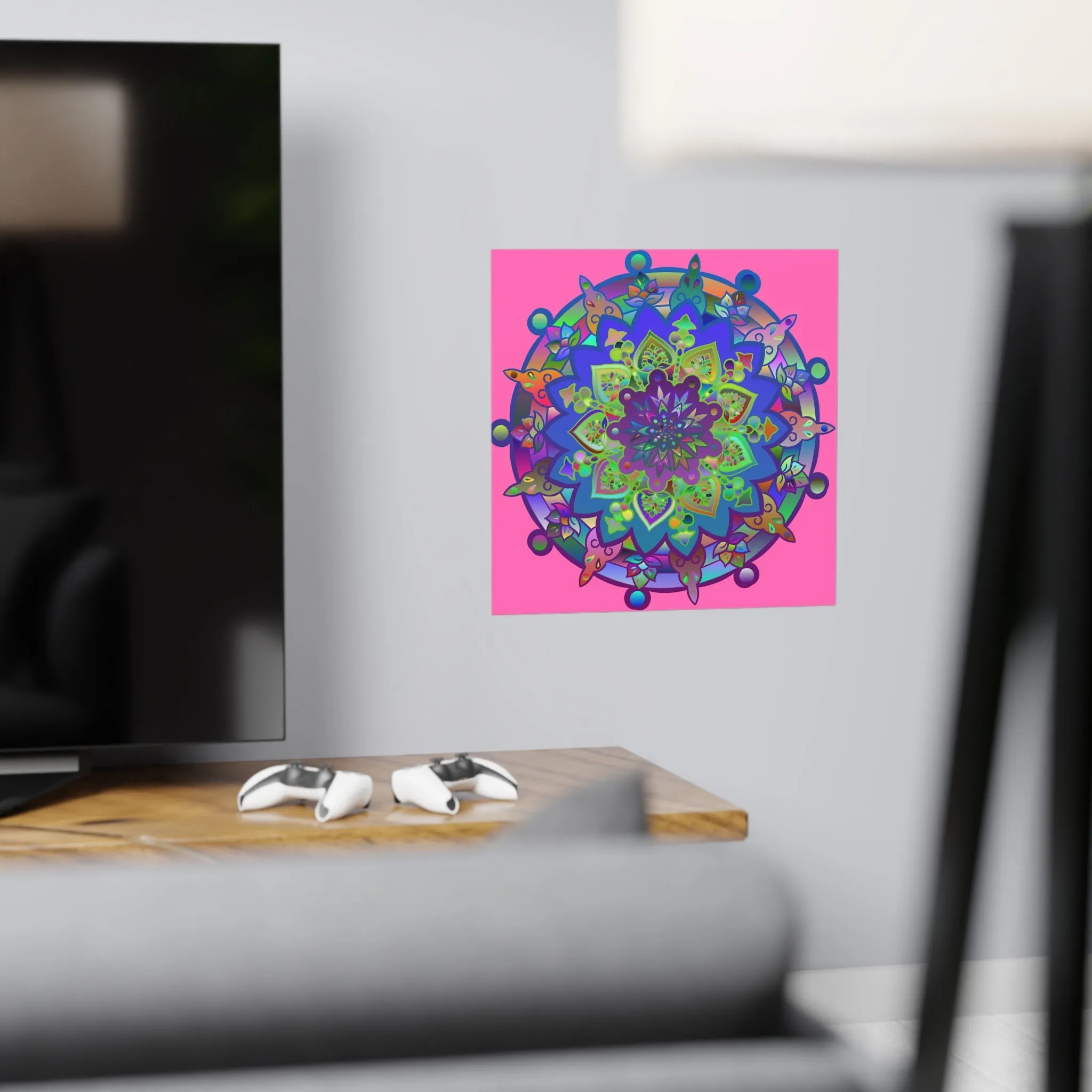 Handmade Mandala Art Poster - Square Matte Design Featuring Bright Pink Art