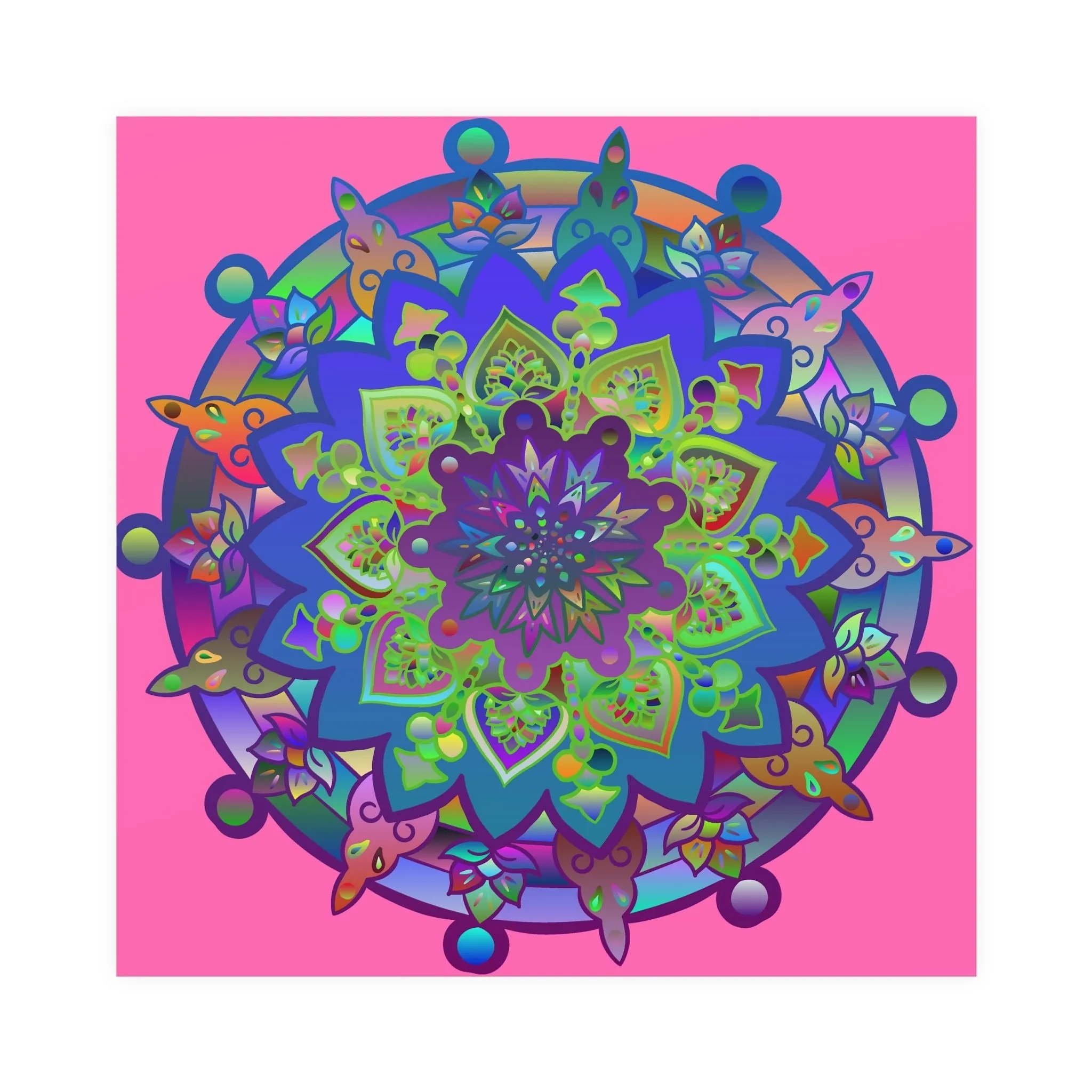 Handmade Mandala Art Poster - Square Matte Design Featuring Bright Pink Art