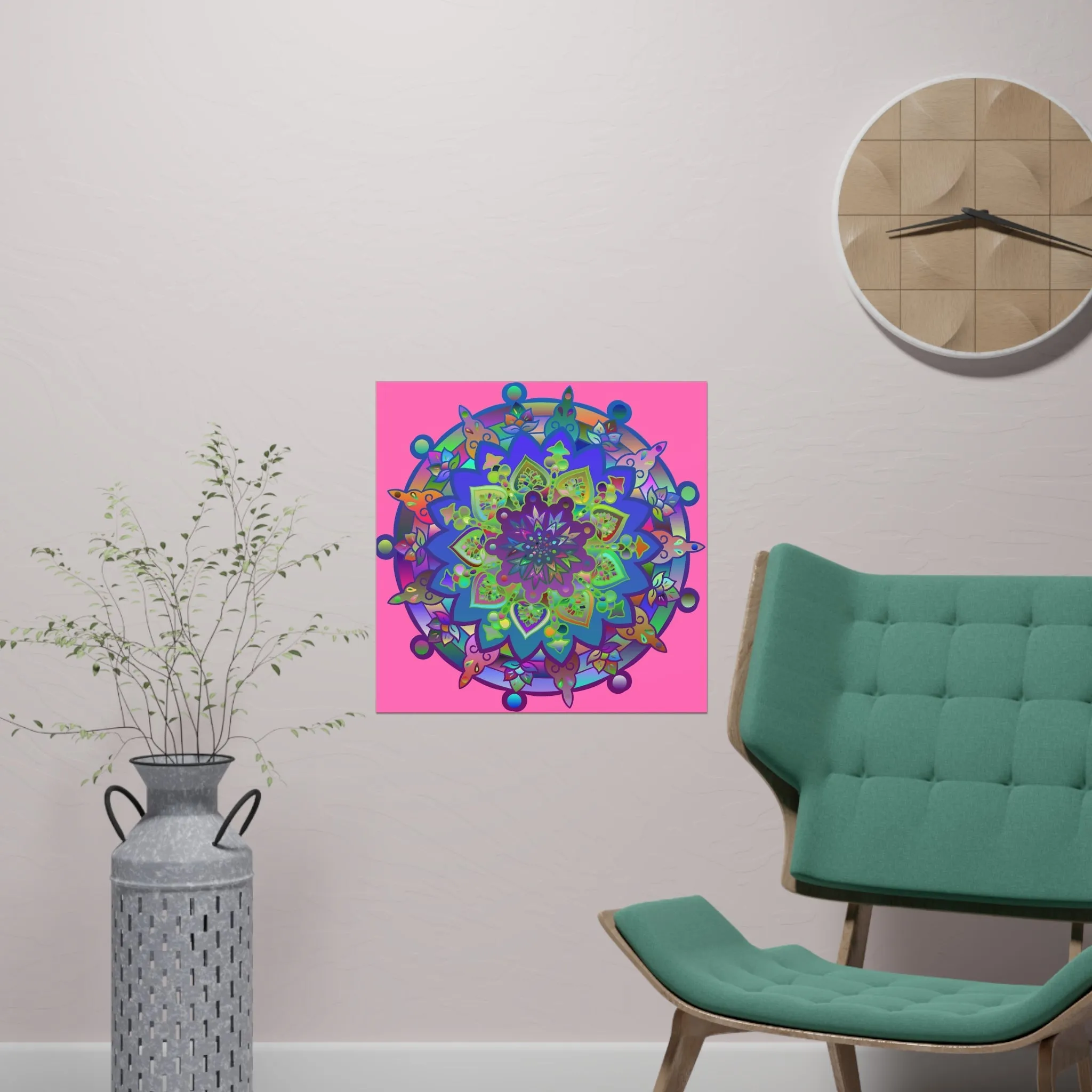 Handmade Mandala Art Poster - Square Matte Design Featuring Bright Pink Art