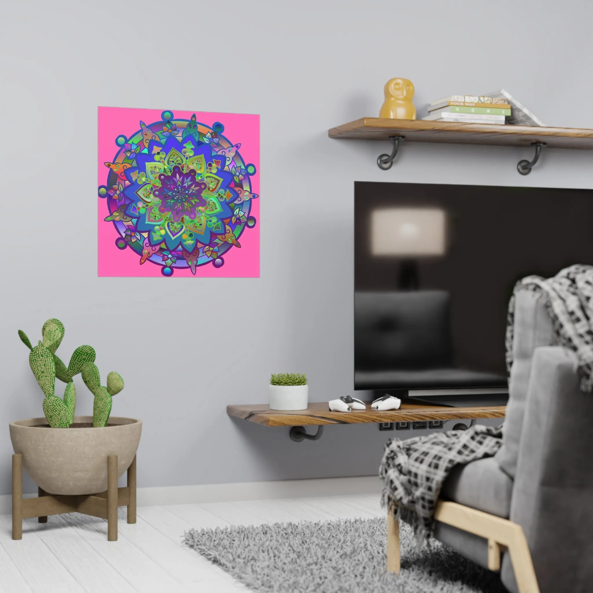 Handmade Mandala Art Poster - Square Matte Design Featuring Bright Pink Art