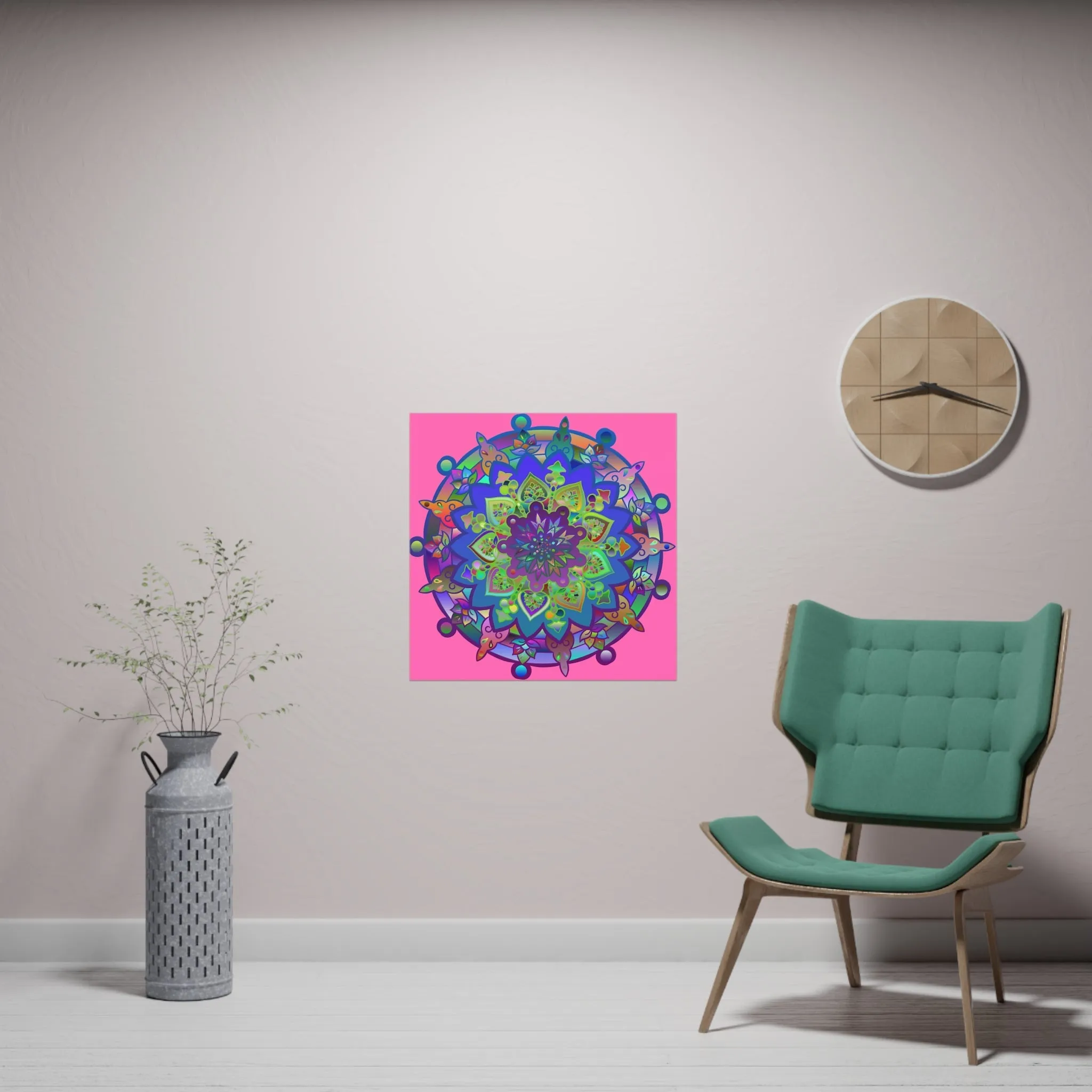 Handmade Mandala Art Poster - Square Matte Design Featuring Bright Pink Art