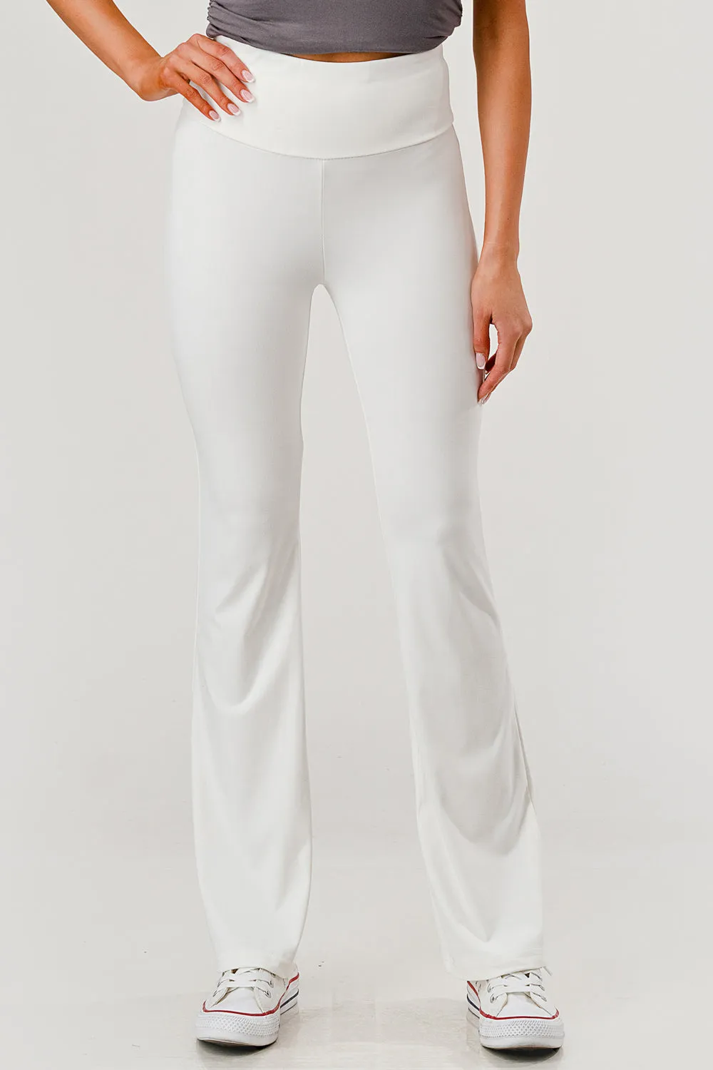 High Waist Soft Brushed Stretch Knit Flare Pants - White