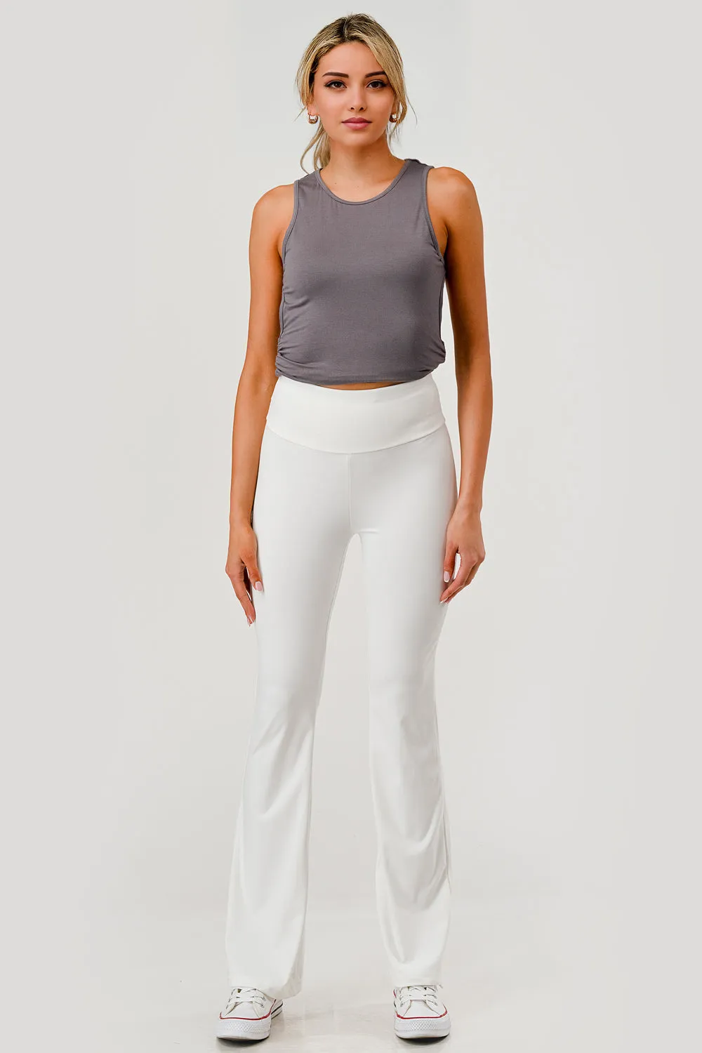 High Waist Soft Brushed Stretch Knit Flare Pants - White