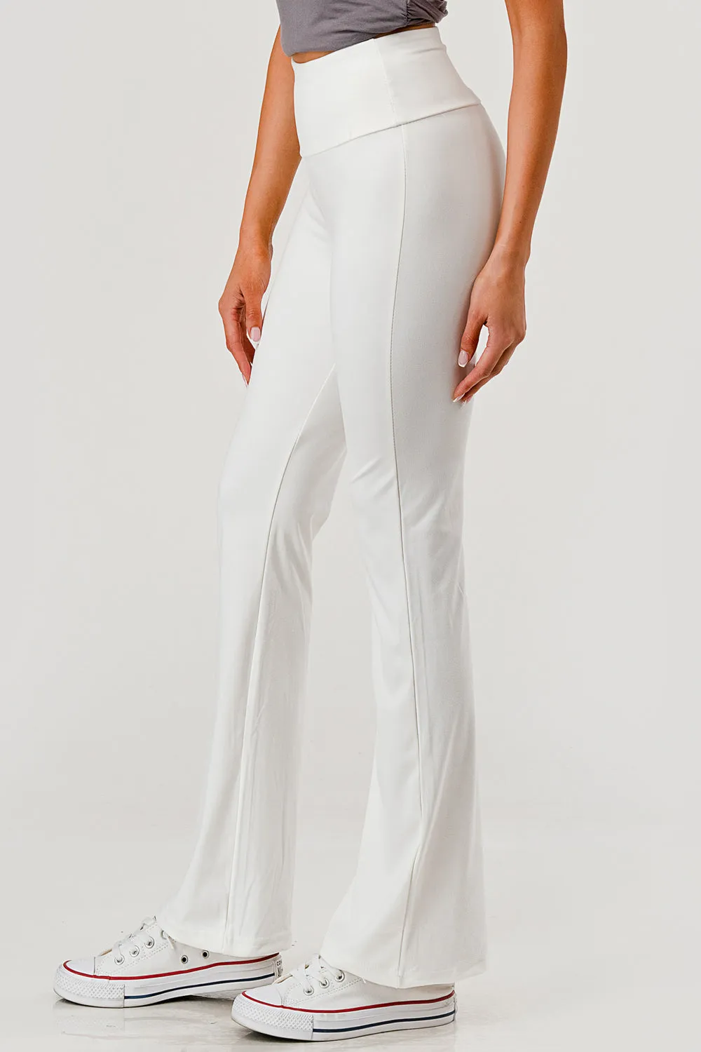 High Waist Soft Brushed Stretch Knit Flare Pants - White