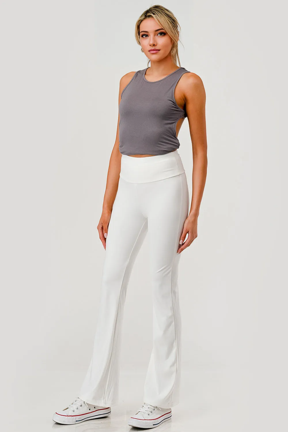 High Waist Soft Brushed Stretch Knit Flare Pants - White