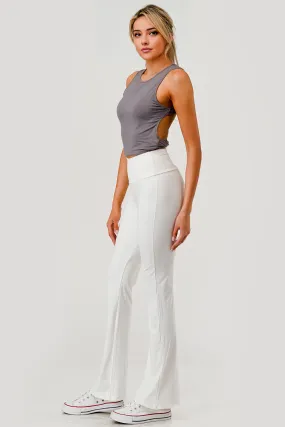 High Waist Soft Brushed Stretch Knit Flare Pants - White