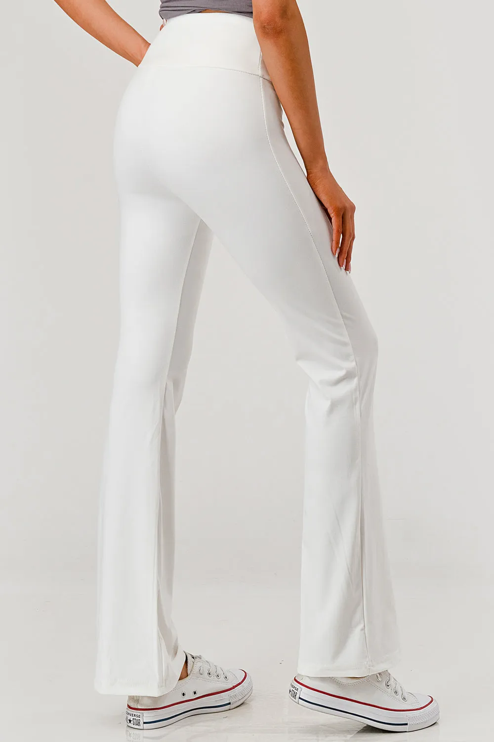 High Waist Soft Brushed Stretch Knit Flare Pants - White