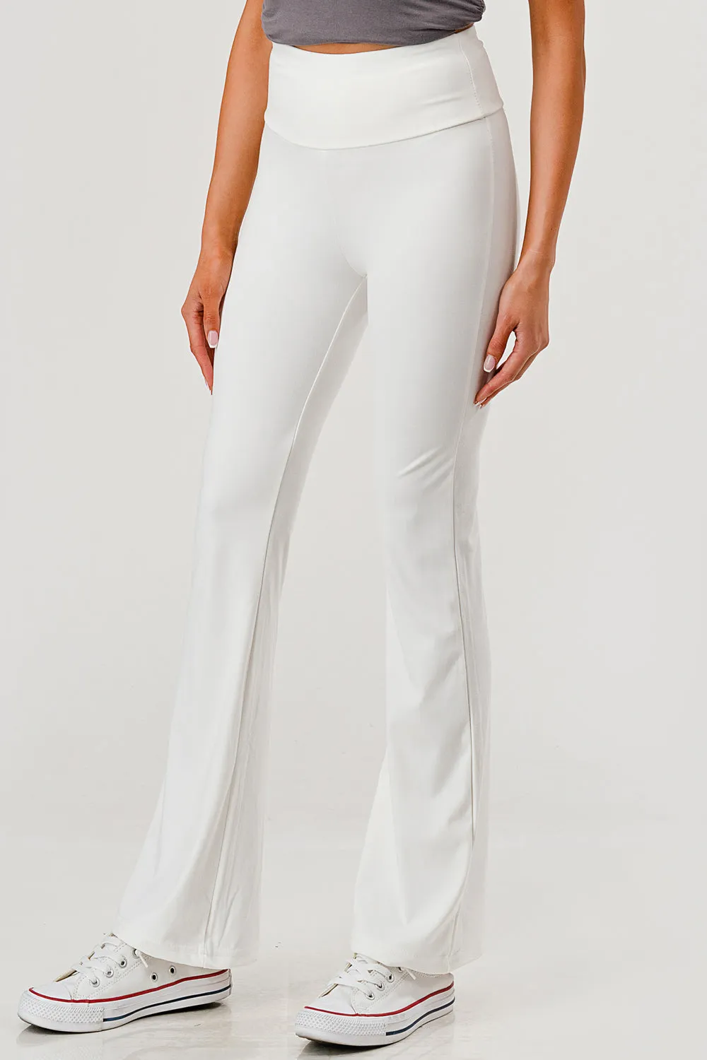 High Waist Soft Brushed Stretch Knit Flare Pants - White