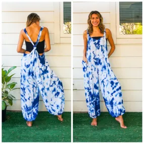 J1519- Shibori Blue Tie Dye Hippie Racerback Jumpsuit Romper