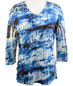 Jess & Jane - Blue Dye, 3/4 Sleeve V-Neck Ruffled Sublimation Top