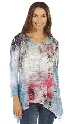 Jess & Jane Colorful, V-Neck Lightweight Sharkbite Sublimation Burnout Tunic Top