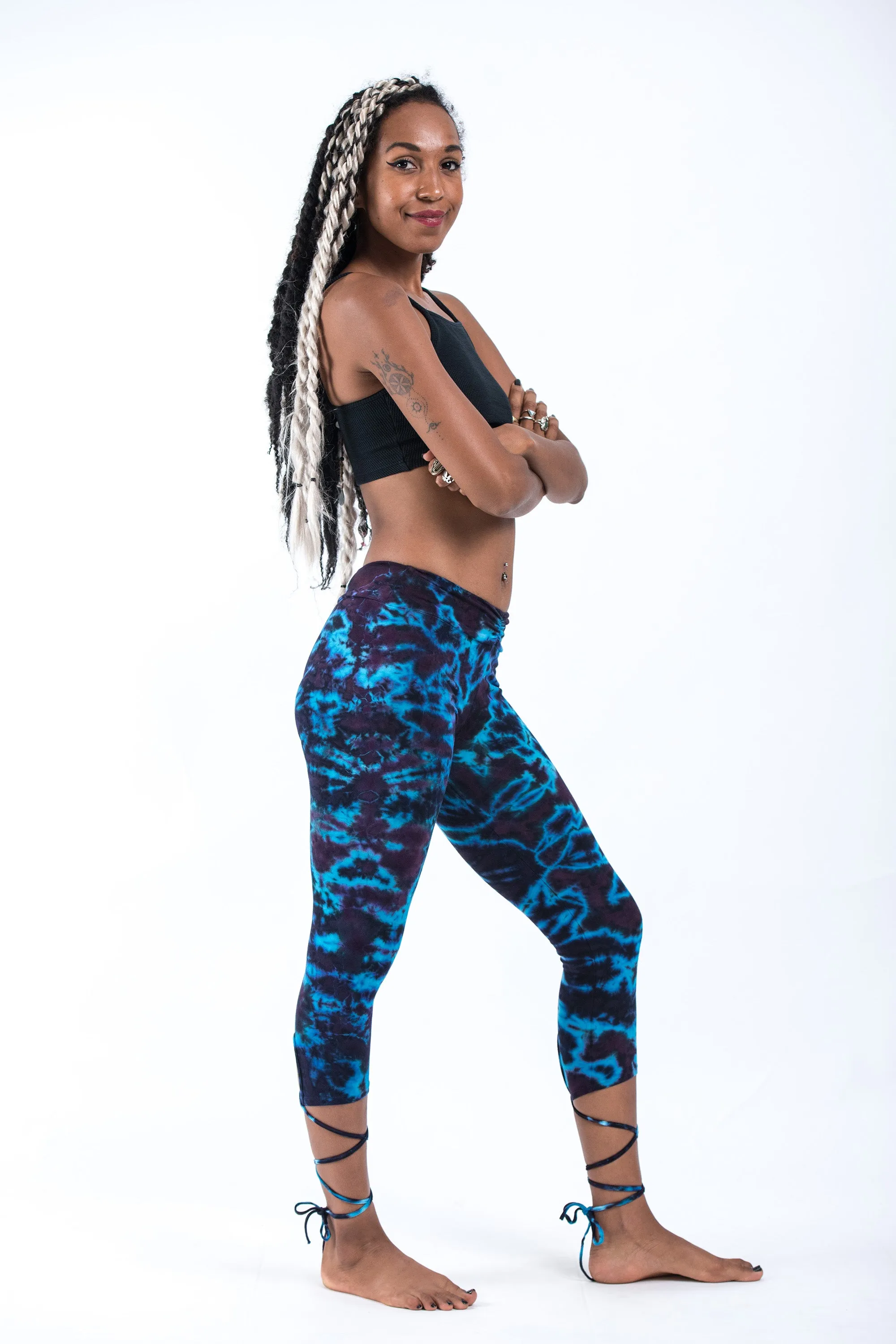 Marble Tie Dye Cotton Capri Leggings in Indigo