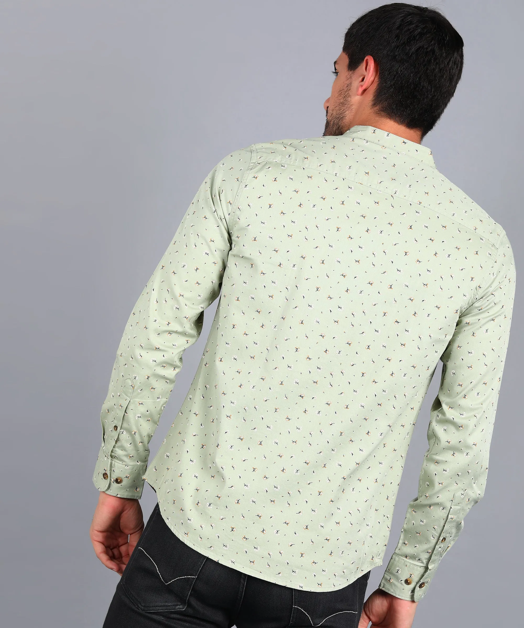 Men's Green Cotton Full Sleeve Slim Fit Casual Printed Shirt