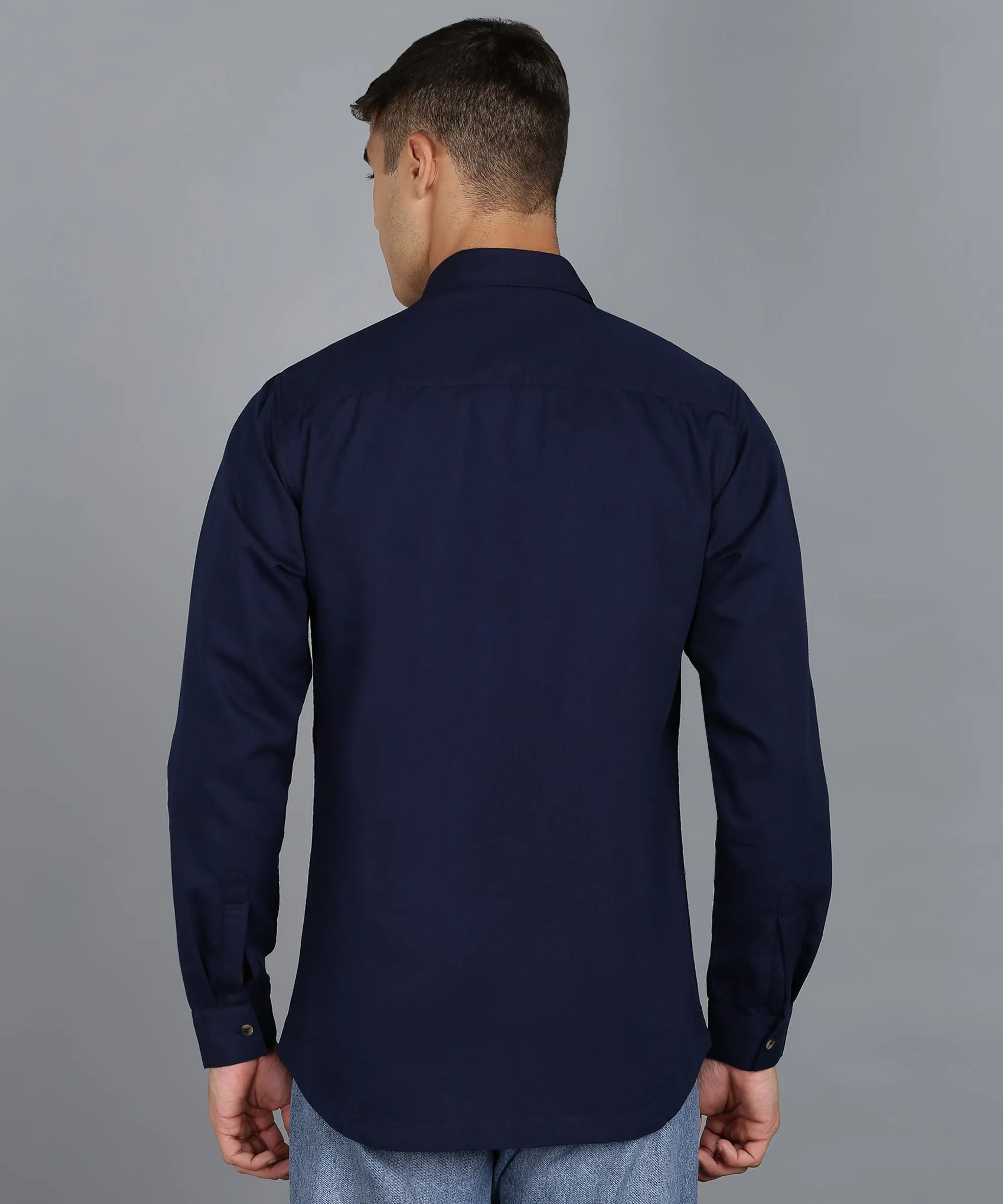 Men's Navy Blue Cotton Full Sleeve Slim Fit Casual Solid Shirt