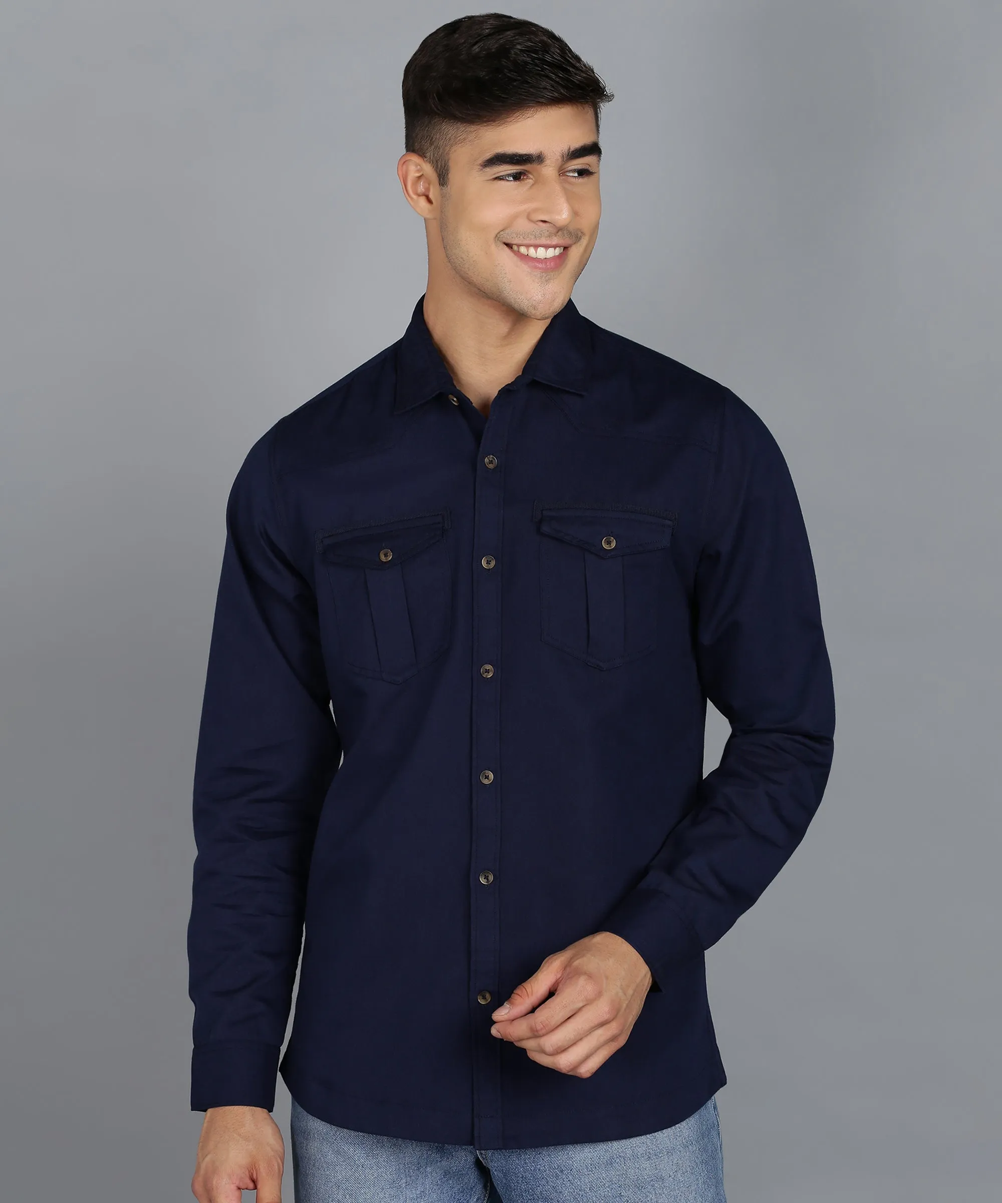 Men's Navy Blue Cotton Full Sleeve Slim Fit Casual Solid Shirt