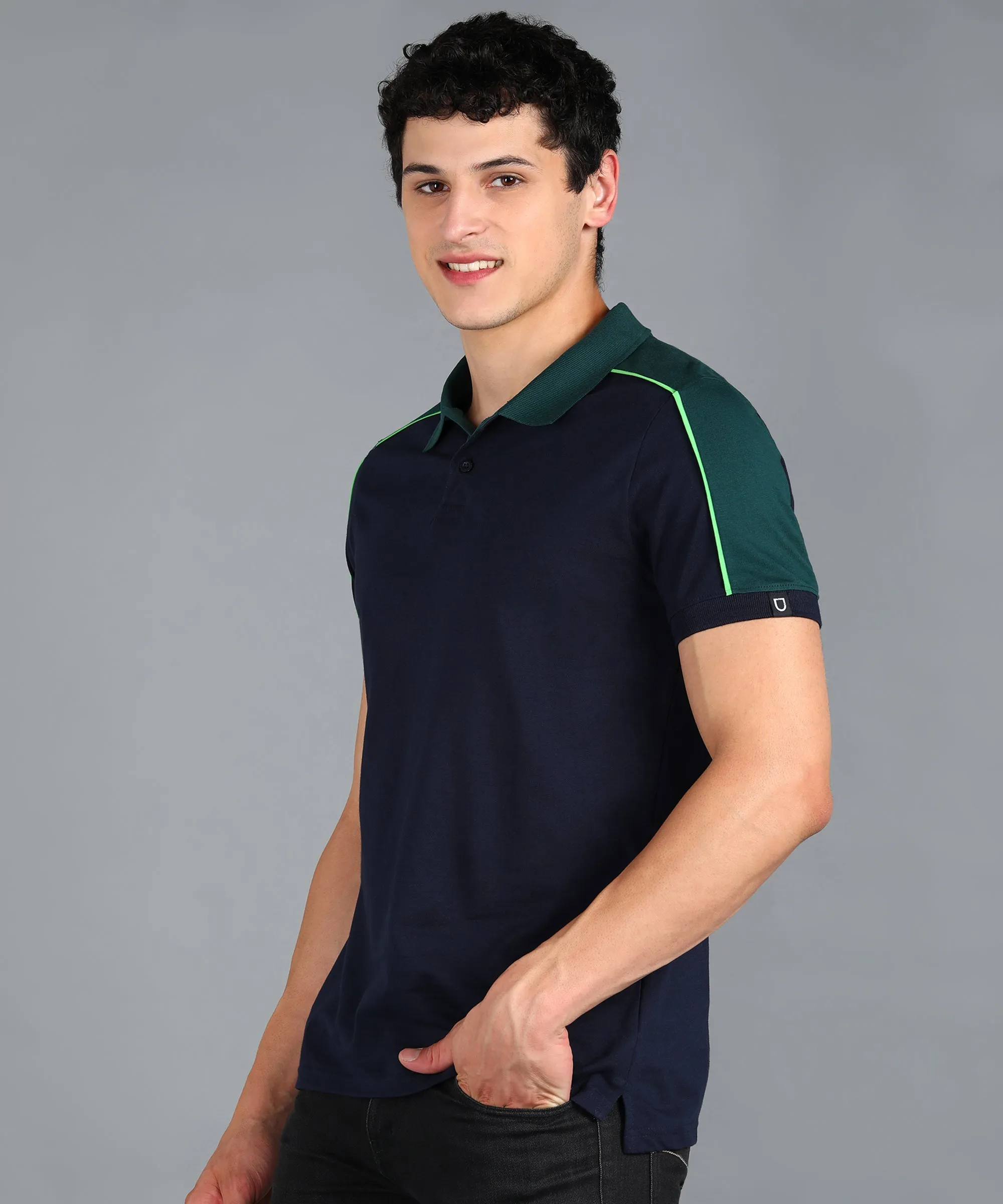 Men's Navy Blue, Green Colour-Block Slim Fit Half Sleeve Cotton Polo T-Shirt