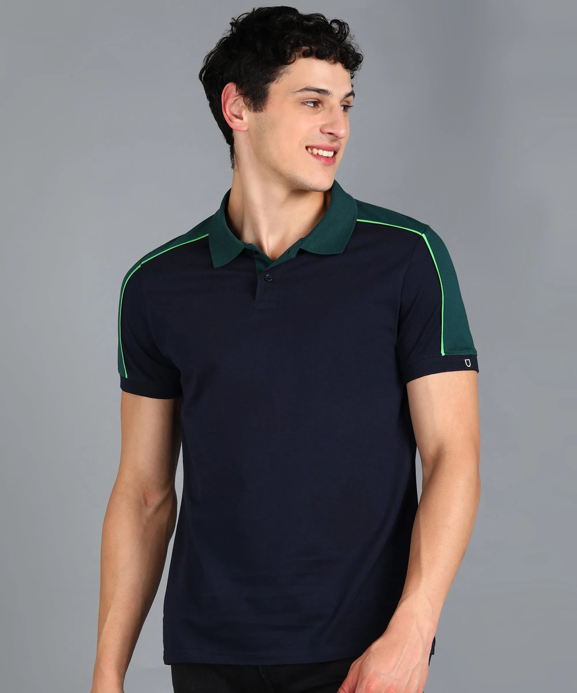 Men's Navy Blue, Green Colour-Block Slim Fit Half Sleeve Cotton Polo T-Shirt