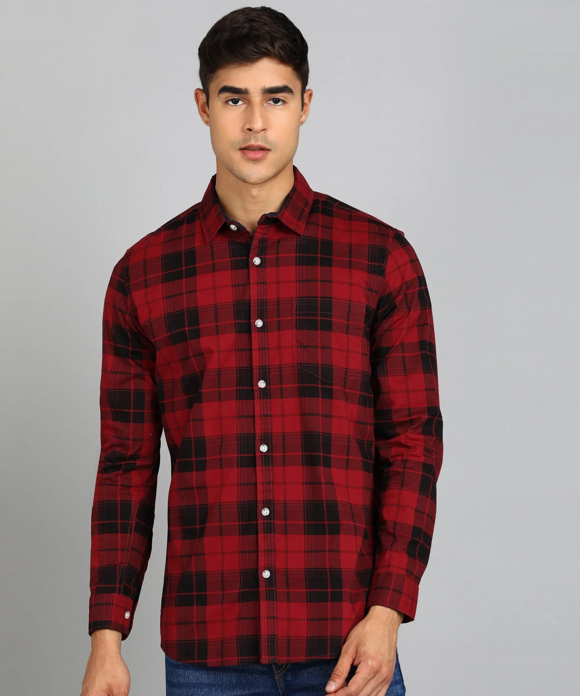 Men's Red Cotton Full Sleeve Slim Fit Casual Checkered Shirt