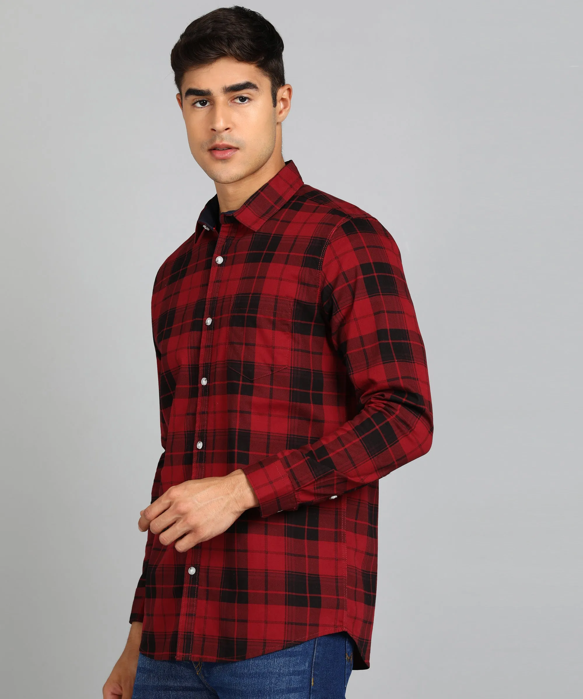 Men's Red Cotton Full Sleeve Slim Fit Casual Checkered Shirt