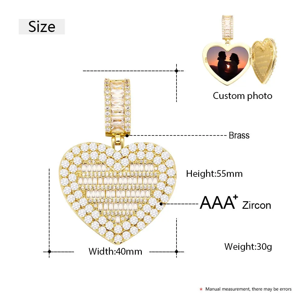 Micro Pave Cubic Zircon Heart Photo Medallion Necklace- Hip Hop Locket Pendant Necklace For Girls