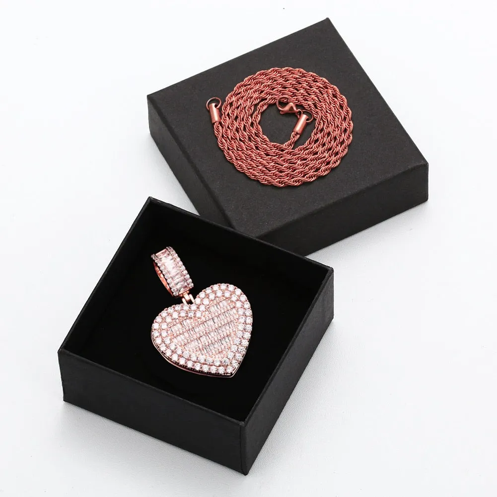 Micro Pave Cubic Zircon Heart Photo Medallion Necklace- Hip Hop Locket Pendant Necklace For Girls