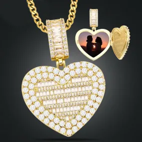 Micro Pave Cubic Zircon Heart Photo Medallion Necklace- Hip Hop Locket Pendant Necklace For Girls