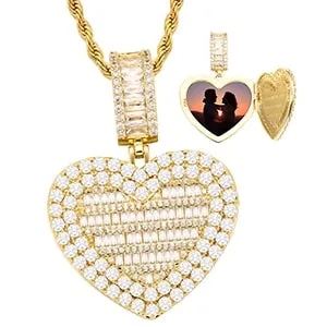 Micro Pave Cubic Zircon Heart Photo Medallion Necklace- Hip Hop Locket Pendant Necklace For Girls