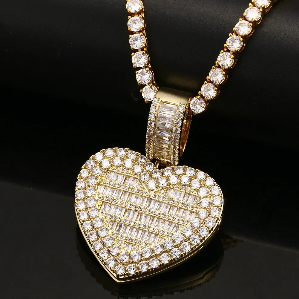 Micro Pave Cubic Zircon Heart Photo Medallion Necklace- Hip Hop Locket Pendant Necklace For Girls