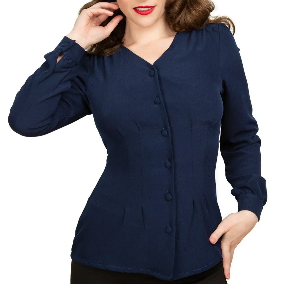 Navy Blue Long Sleeve V Neck Blouse Top