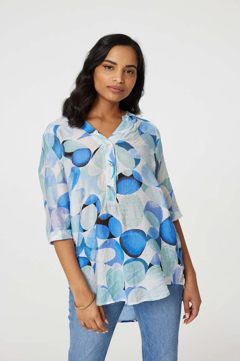 Printed 1/2 Sleeve Curve Hem Blouse