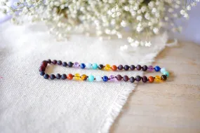 Rainbow Gemstones( 3 Rows )   Raw Cherry Baltic Amber Necklace ll POP   Screw Clasps