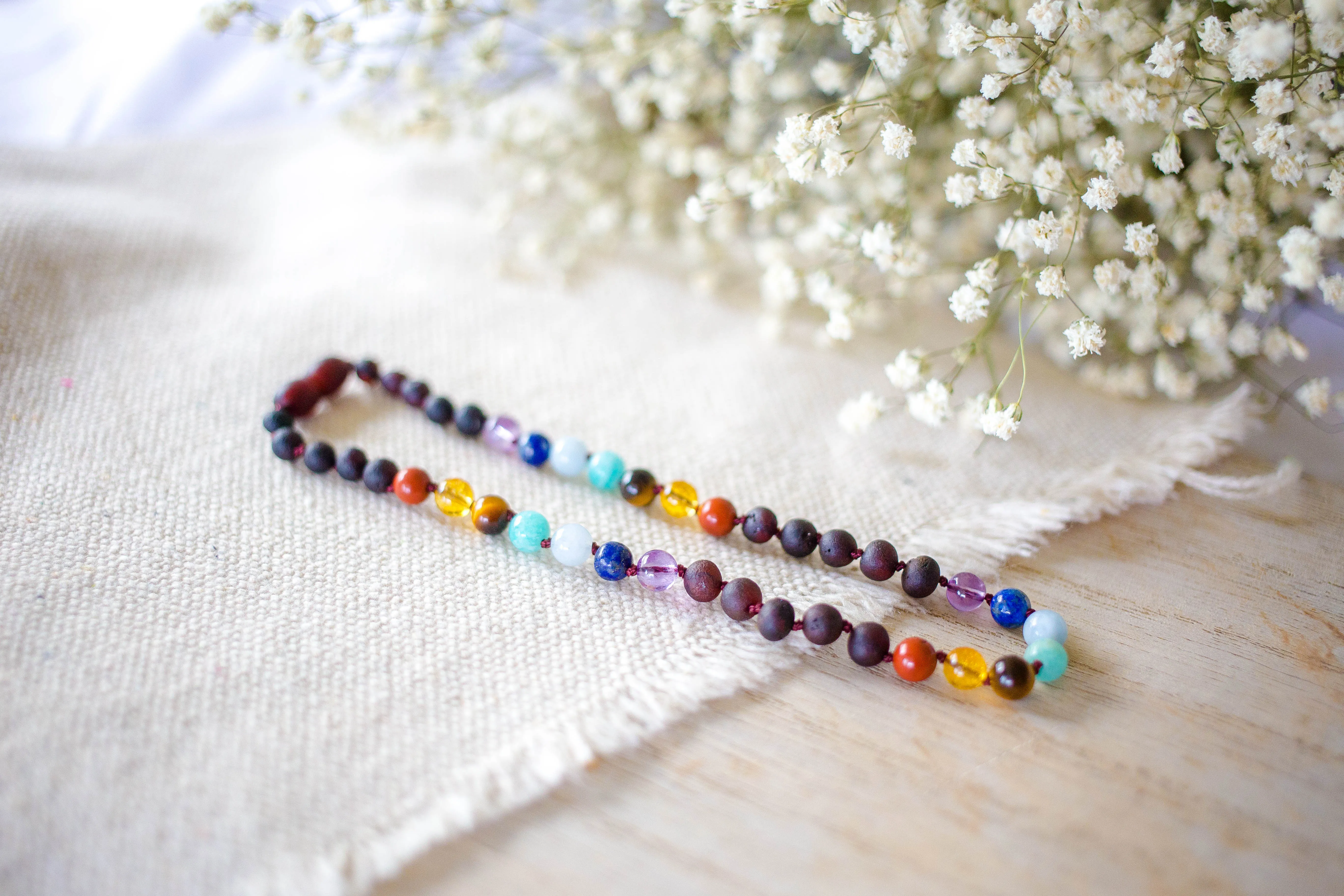 Rainbow Gemstones( 3 Rows )   Raw Cherry Baltic Amber Necklace ll POP   Screw Clasps