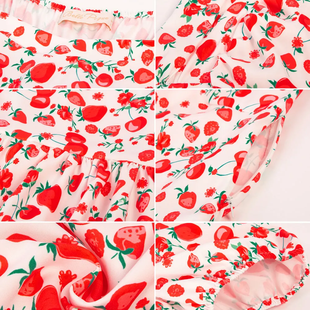 Strawberry Printed Peplum Hem Tops Puffed Short Sleeve Square Neck Tops